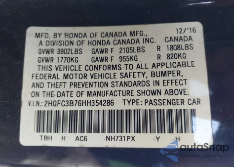 2017 Honda Civic Ex-L z USA, uszkodzony, nr VIN 2HGFC3B76HH354286